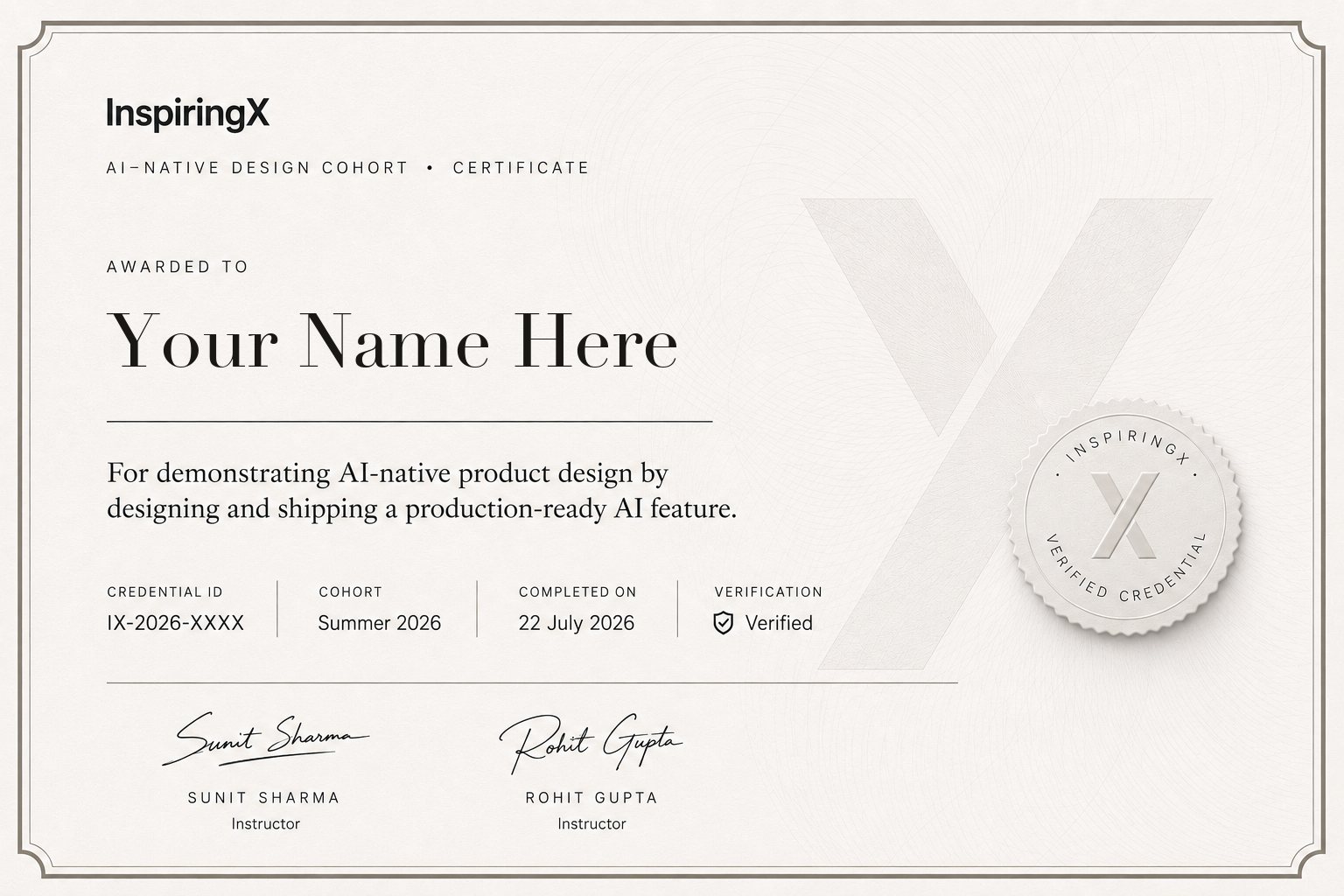 InspiringX AI-Native Design Cohort certificate, awarded on completion and signed by both instructors